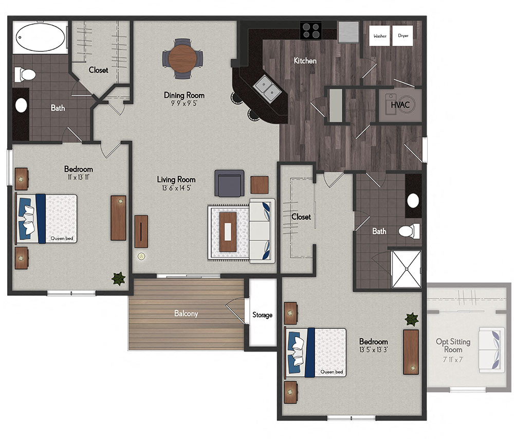 Floor plan for 2 beds, 2 baths, 1249 sqft